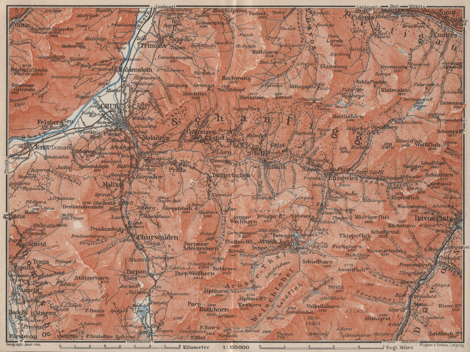 COIRE/CHUR SCHANFIGG AROSA ENVIRONS. Davos Klosters Lenzheide Trimnns 1909 map